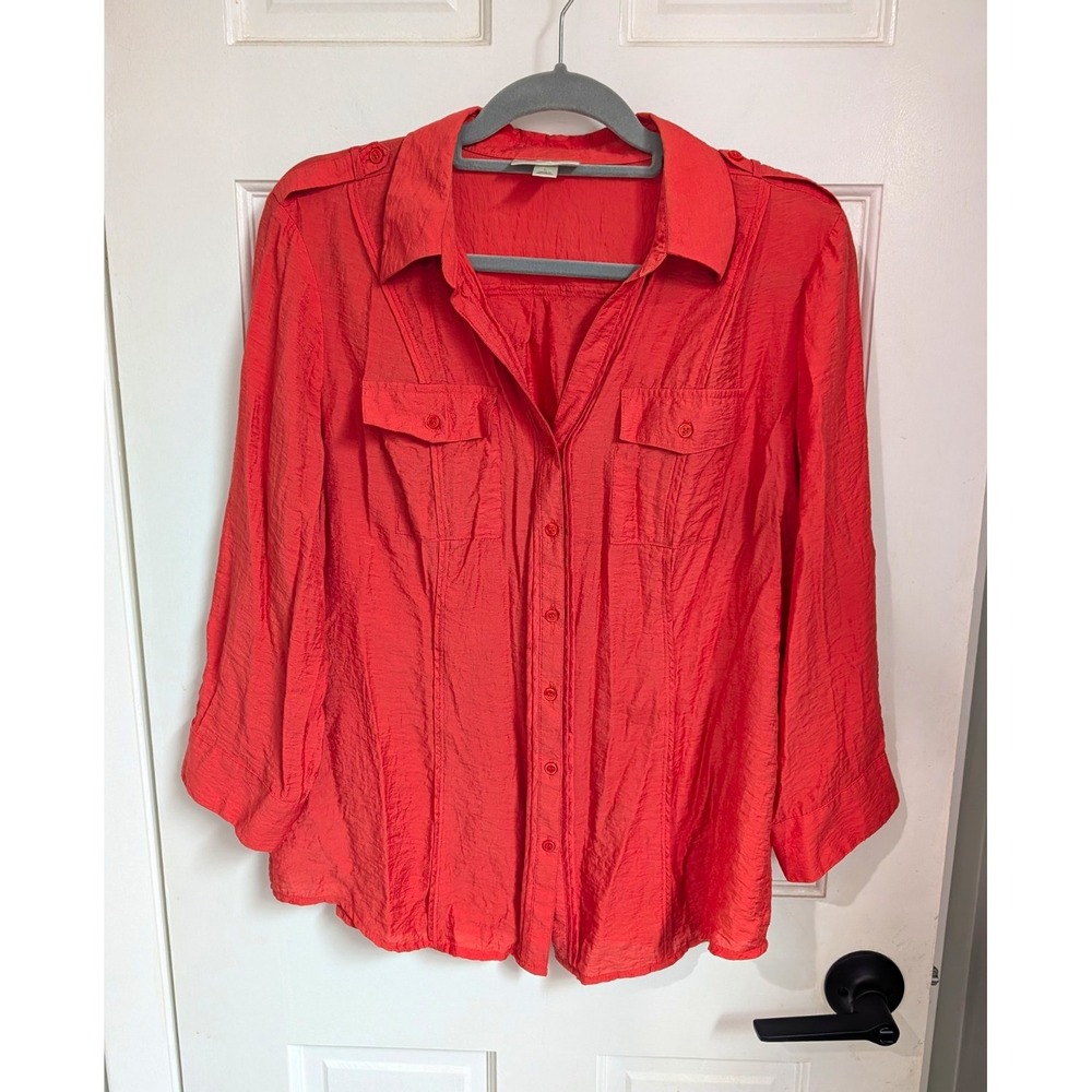 dressbarn Womens L Solid Collared Button-Up Woven 3/4 Sleeve Blouse